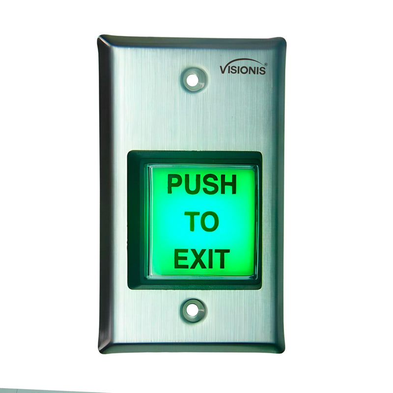Visionis Push to Exit Button VIS-7000 Indoor Green Square Request to Exit Stainless Steel for Door Access Control with LED Light, NC, C and NO Outputs Pack of 1