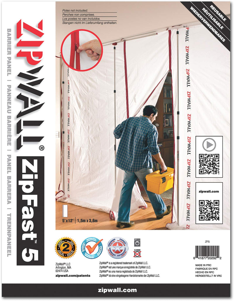 ZipWall ZipFast Reusable Barrier 5' Panel for Dust Barriers, ZF5 , White 4 Count (Pack of 1)