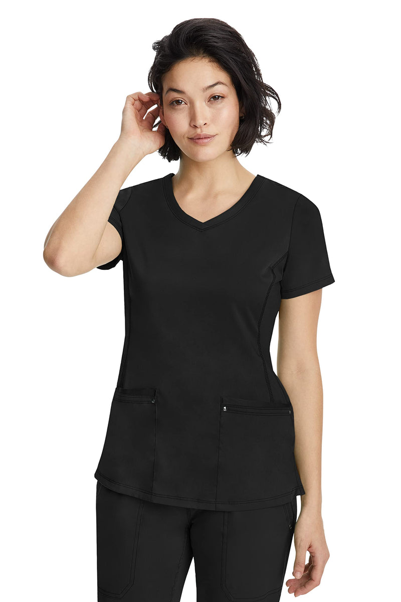 Healing Hands Women's Scrub Top V-Neck with 2 Pockets, 2-Way Stretch, and Yoga Knit Side Panels for Slim Fit 2245 Large Black