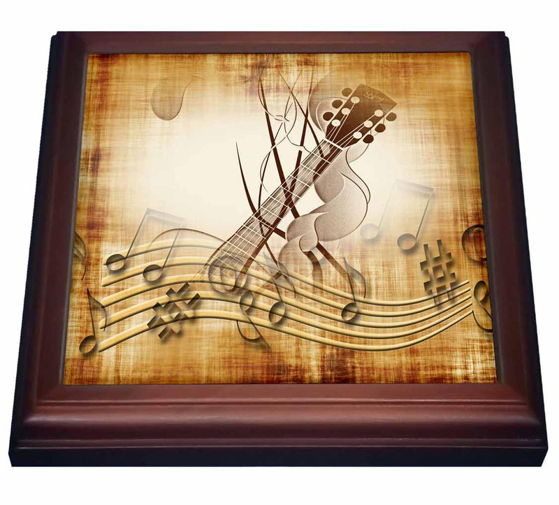 3dRose Brown Grunge Music Note Background with Electric Guitar Art Trivet with Ceramic Tile, 8" by 8", Brown