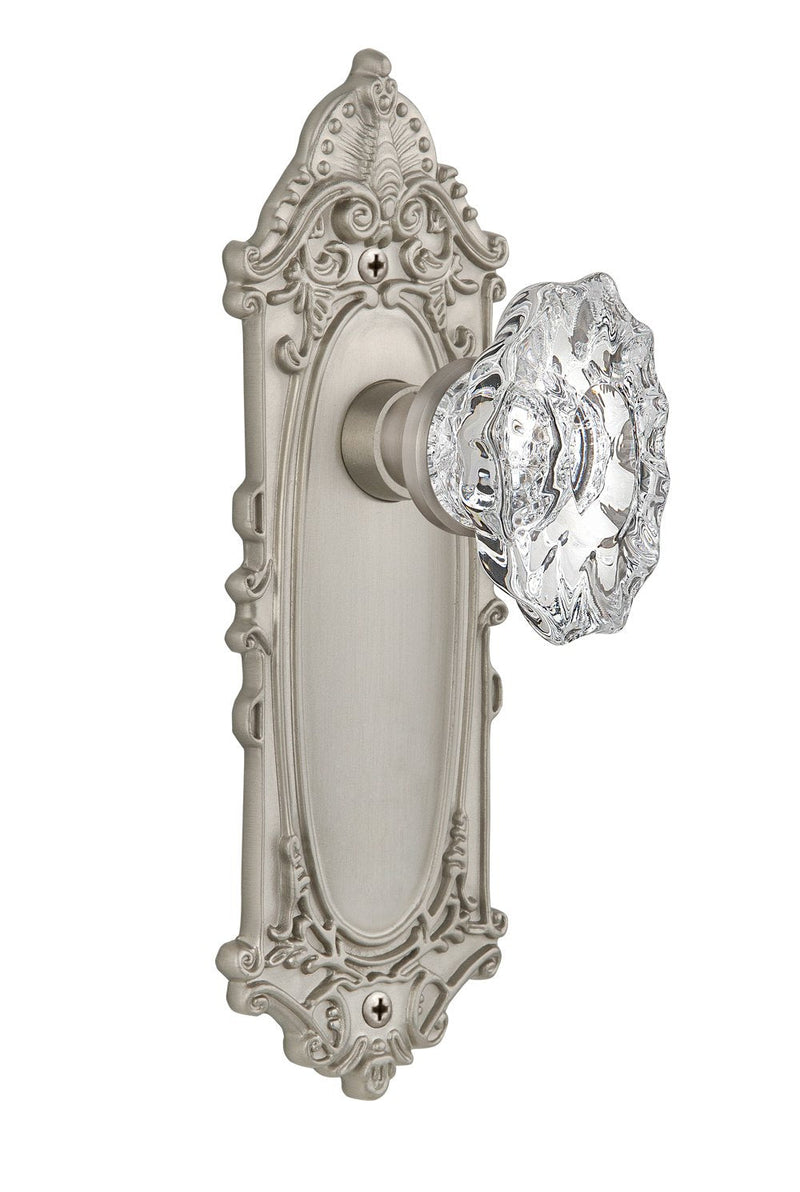 Nostalgic Warehouse Victorian Plate with Chateau Knob, Privacy - 2.375", Satin Nickel Privacy - 2.375"