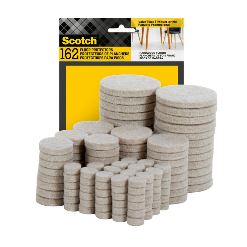 Scotch Felt Pads 162 PCS Beige, Felt Furniture Pads for Protecting Hardwood Floors, Round, Assorted Sizes Value Pack, Self-Stick design, Protecting from nicks, dents and scratches (SP845-NA) 162 Pads