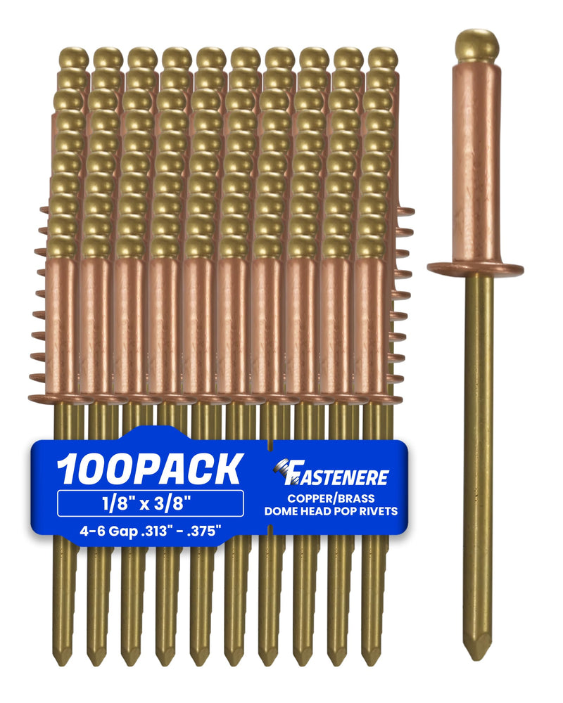 Fastenere Copper Pop Rivets - 1/8" x 3/8" (100 Pack) Copper Body Brass Mandrel, Heavy Duty, Open-End, Dome-Head Blind Rivets, Corrosion-Resistant & High Shear Strength, 4-4 Gap .188" - .250" 1/8" x 3/8" (100 pack)