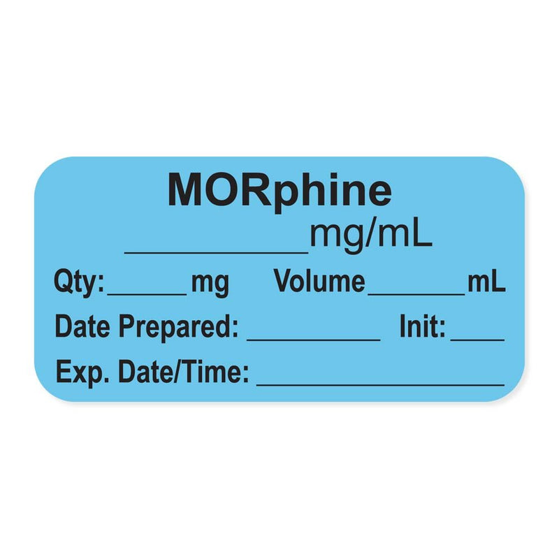 LAN-2-13 "MORphine mg/mL" Permanent Anesthesia Paper Label with Expiration Date Time and Initia, 1" Core, 1-1/2" x 3/4" Size, Blue, Pack of 500,