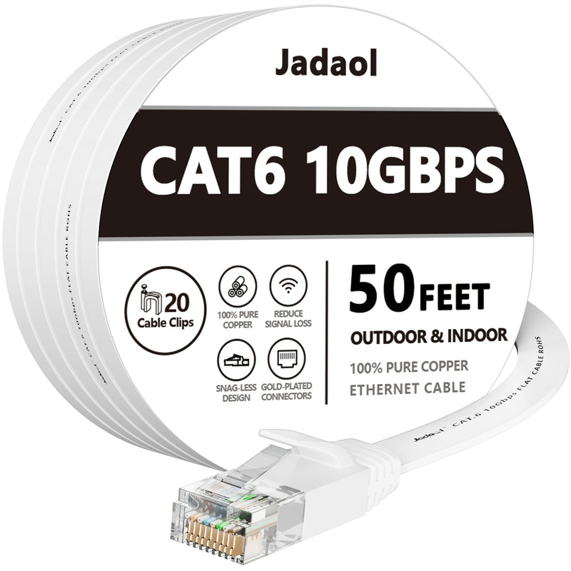 Jadaol Cat 6 Ethernet Cable 50 ft, Outdoor&Indoor 10Gbps Support Cat8 Cat7 Network, Flat Fast Speed RJ45 Internet LAN Computer Solid Patch Cord with Clips for Router, Modem, PS4/5, Xbox, Gaming, White 50ft