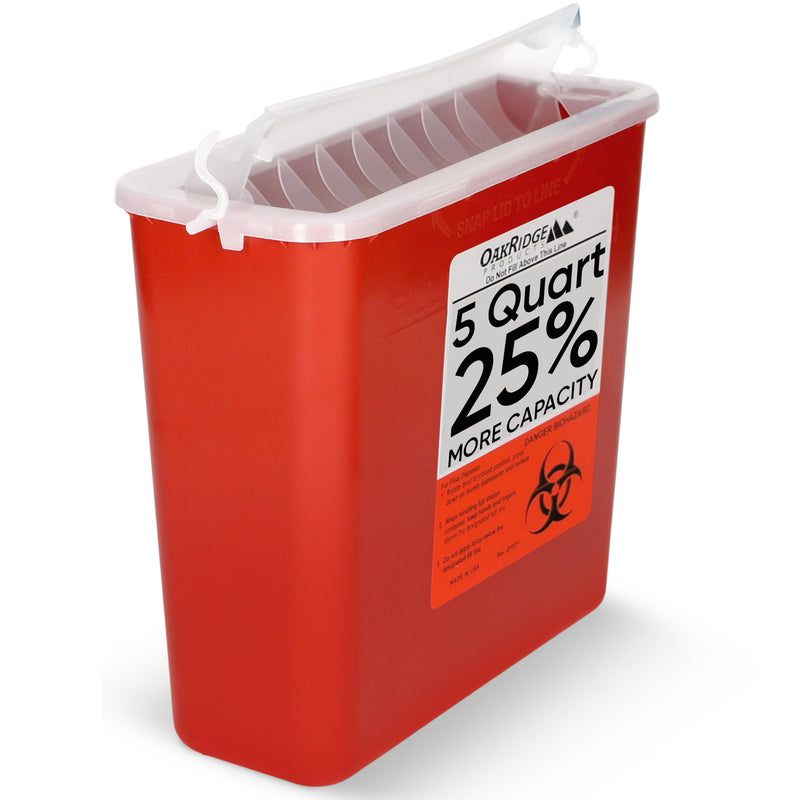Oakridge Products Sharps Container for Home Use and Professional 5 Quart (1-Pack), Biohazard Needle and Syringe Disposal, Horizontal Drop Style Lid with levers, CDC Certified 1
