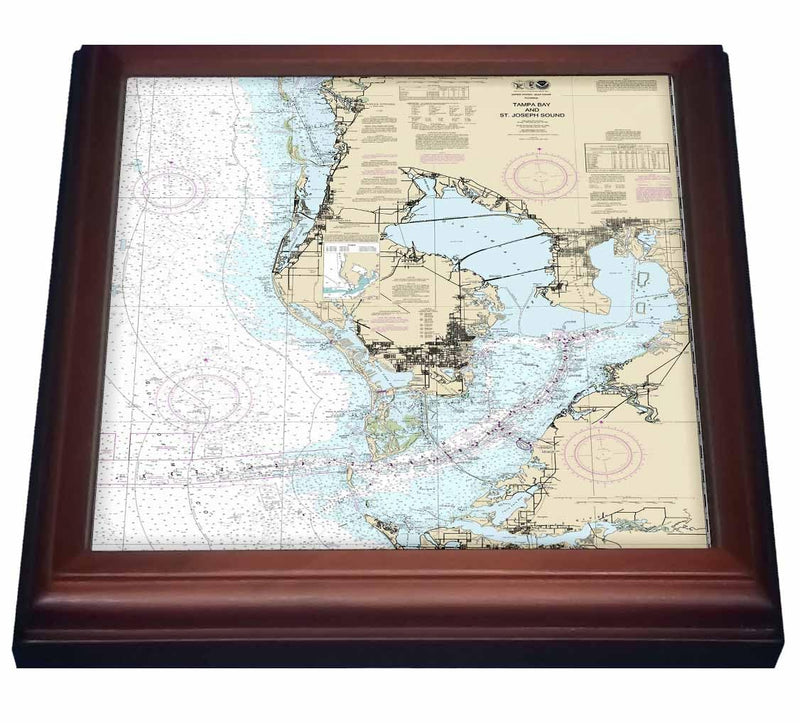 3dRose Print of Nautical Map of Tampa Bay Trivet with Ceramic Tile, 8" by 8", Brown