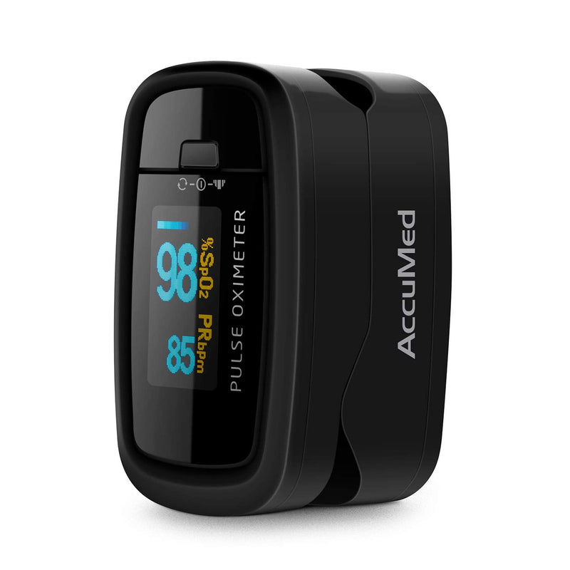 AccuMed CMS-50D1 Fingertip Pulse Oximeter Blood Oxygen Sensor SpO2 for Sports and Aviation. Portable and Lightweight with LED Display, 2 AAA Batteries, Lanyard and Travel Case (Black)