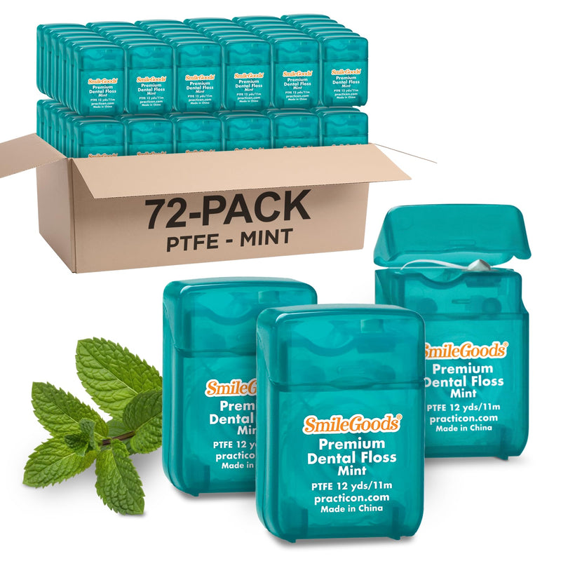 SmileGoods Premium PTFE Dental Floss, 12 yds, Mint, Bulk Pack of 72 Mint Flavored