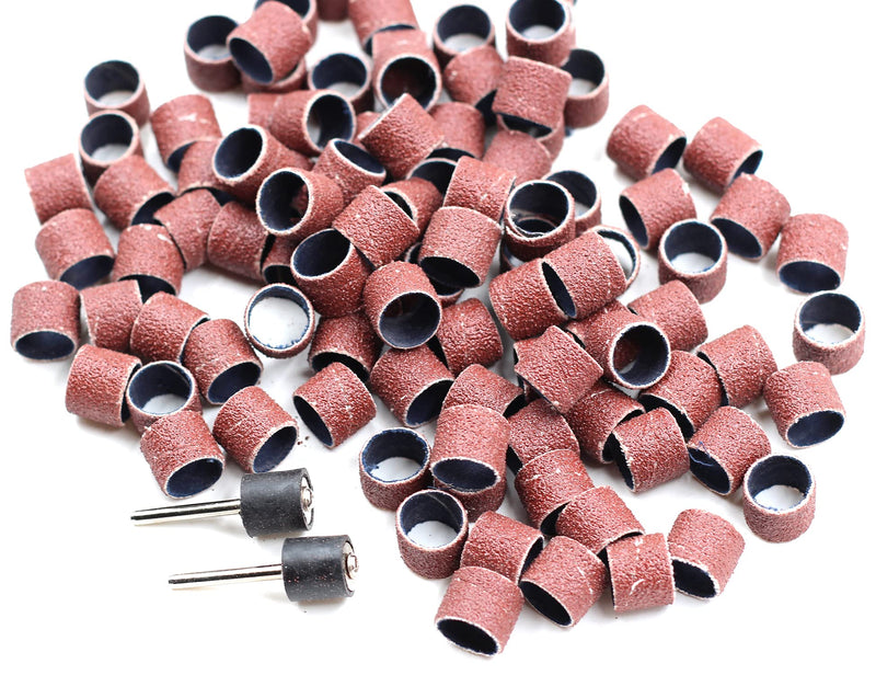 100 Pics Dia 1/2" Sanding Drum Sleeves Set Sand Bands with 2 Mandrel for Pet Dog Nail Grinder Heads Rotary Tool Bits Jewelry Light Polishing Abrasive Tools, Grit 80