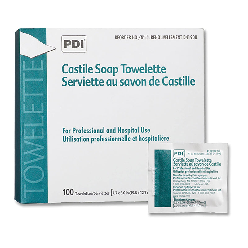 PDI Castile Soap Towelette - Premoistened Facial Cleansing Wipe with Coconut Oil, Great for Travel - Individual Packet, 7.7 in. x 5in., 100 Count, 1 Pack 100 Count (Pack of 1)