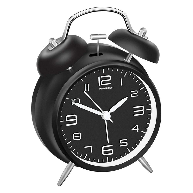 Peakeep 4 Inches Twin Bell Loud Alarm Clock for Heavy Sleepers, Backlight, Battery Operated Old Fashioned Alarm Clock for Bedrooms (3D-Dial, Black)