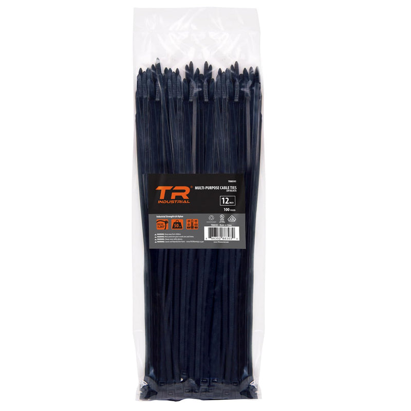 TR Industrial Multi-Purpose UV Resistant Black Cable Ties, 12 inches, 100 Pack 12"