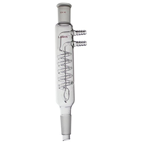 Laboy Glass Reflux Condenser with 24/40 Standard Taper Joints, 125mm Coil Length, 300mm Overall Height, Borosilicate 3.3 Lab Glassware with 10mm Glass Hose Connections 24/40, 125mm coil length