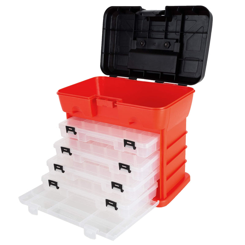 Storage Tool Box - Portable Multipurpose Organizer With Main Top Compartment and 4 Removable Multi-Compartment Trays by Stalwart,Red,11 in x 7 in x 10 in Red