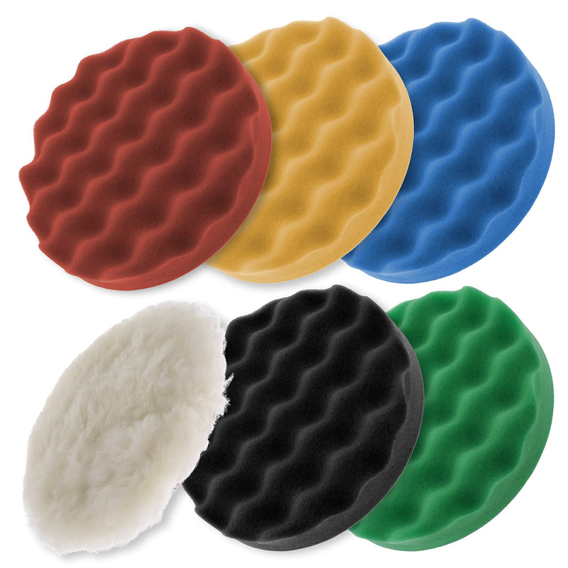 TCP Global 6.5 Inch Buffing Pads Set - 5 Waffle Foam Buffer Pads & 1 Wool Pad for Orbital Buffers, DA Polish Pad for Paint Correction, Polishing Kit for Auto & Boat Gelcoat Detailing