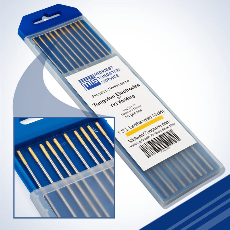 Midwest Tungsten Service TIG Welding Tungsten Electrodes 10-Pack (Gold - 1.5% Lanthanated Tungsten (WL15/EWLa-1.5), 1/16") Gold - 1.5% Lanthanated 1/16"