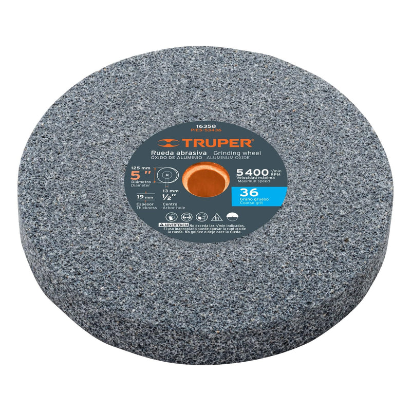 TRUPER PIES-53436 5" Aluminum Oxide Bench Grinding Wheels. Grit=36, Thickness=3/4", Arbor=1/2". 1 Pack