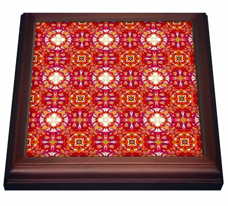 3dRose Red, Purple, White and Orange Expanding Flowers Fractal Pattern Trivet with Ceramic Tile, 8" by 8", Brown