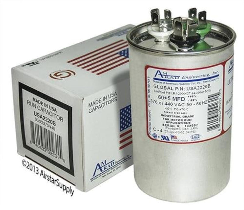 GE 97F9816-60 + 5 uf MFD 370/440 Volt VAC AmRad Round Dual Run Capacitor, Made in the U.S.A.