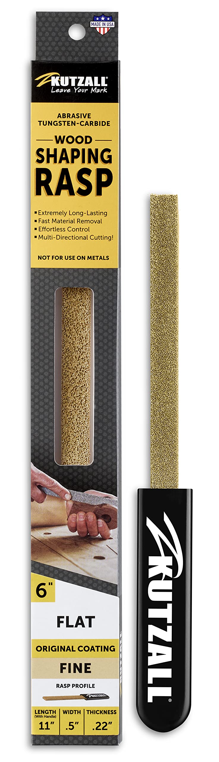 Kutzall Original 6" Flat Hand Rasp - Fine, Wood Rasp/File Used for Woodworking & Shaping, W/Ergonomic Soft Grip Handle, Abrasive Tungsten Carbide Coating - 11" (279.4mm) Overall Length - FT6170 Flat - Fine 6" (152.4mm) Length