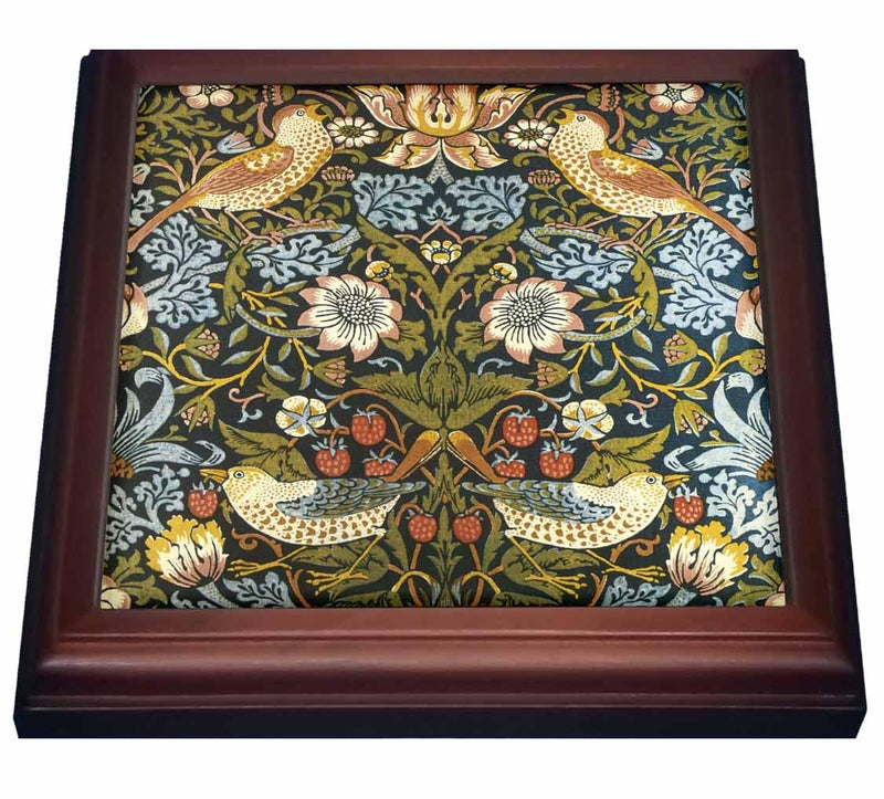 3dRose William Morris Strawberry Thief Pattern Trivet with Ceramic Tile, 8" by 8", Brown