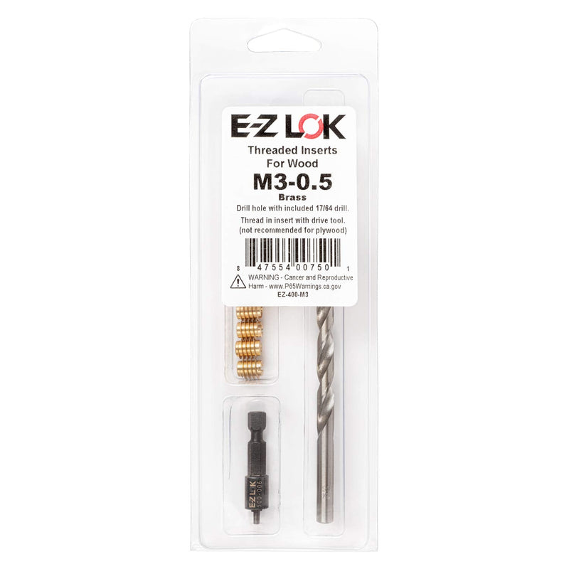E-Z LOK 400-M3 Threaded Inserts for Wood, Installation Kit, Brass, Includes M3-0.5 Knife Thread Inserts (10), Drill, Installation Tool M3-0.5 Knife Thread Inserts (10)