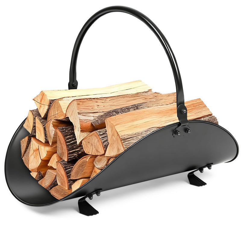 AMAGABELI GARDEN & HOME Fireplace Log Holder Indoor Firewood Carrier Metal Wood Rack Holder Tools Covers Fire Wood Basket Container Sets Ash Bucket and Carrying Bag Black Hearth 17"-Oval
