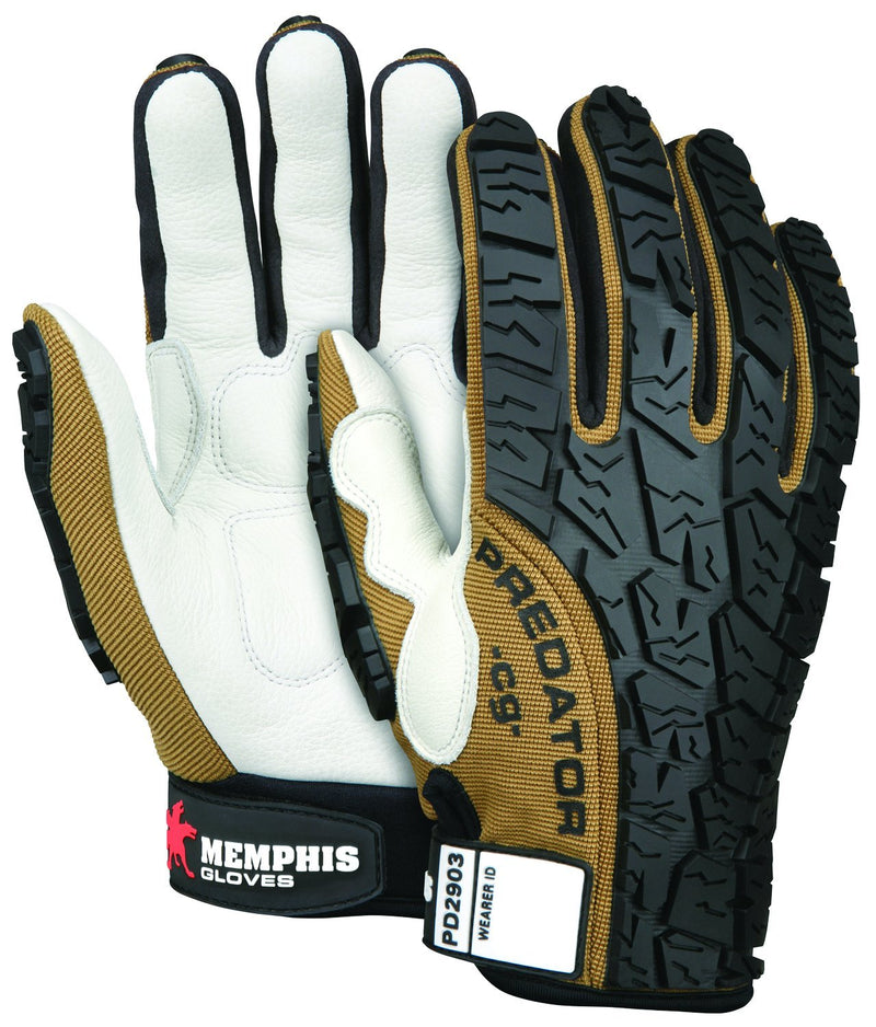 MCR Safety PD2903XL Predator Multitask Grain Cow Leather Palm, Breathable, Padded Gloves, Tire Tread Backing, White, X-Large, 1 Pair Tan