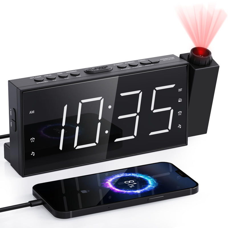 Mesqool Projection Alarm Clock with FM Radio,Large Number Display & Dimmer,USB Charger,Sleep Timer,Battery Backup,Dual Alarms,Clock Radio for Bedroom Heavy Sleepers White Digits
