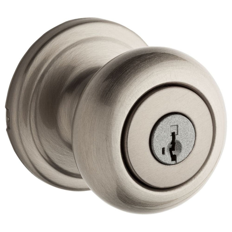 Kwikset Hancock Entry Door Knob with Lock and Key, Secure Keyed Handle Exterior, Front Entrance and Bedroom, Satin Nickel, Pick Resistant SmartKey Rekey Security and Microban Keyed Entry