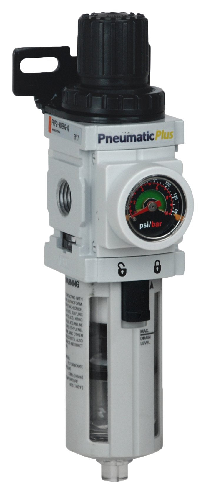 PneumaticPlus PPP2-N02BG Miniature Air Filter Regulator Piggyback Combo 1/4" NPT - 5 Micron, Poly Bowl, Manual Drain, Embedded Gauge 1/4" NPT - Poly Bowl, Manual Drain