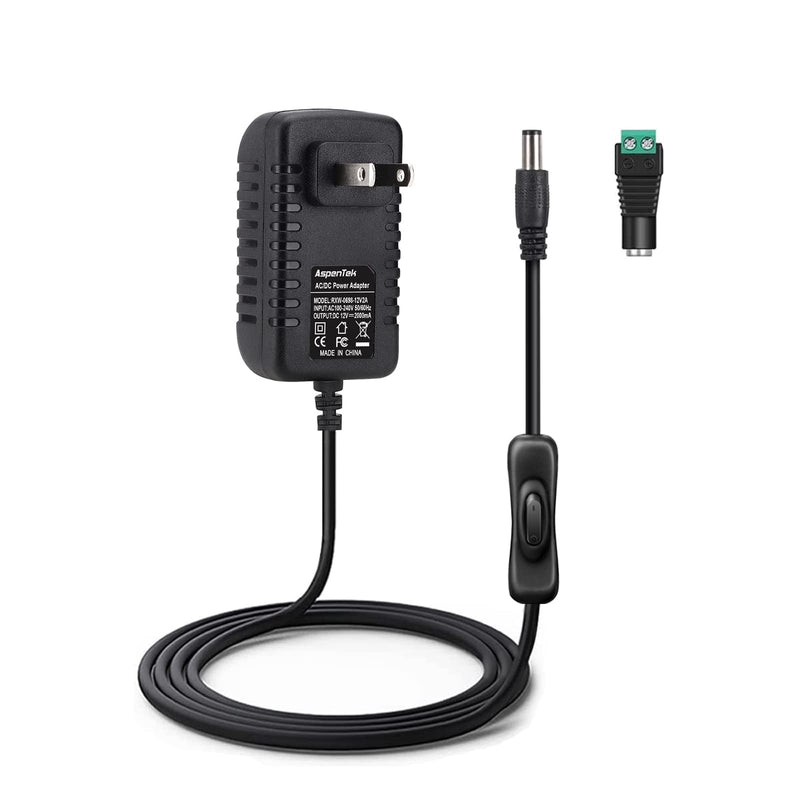 12V Power Supply with Switch for Led String Light, Led Strip Light, Neon Sign, Under Cabinet Lighting, DC 12V CCTV Camera,Output 2A, 24 Watt Max