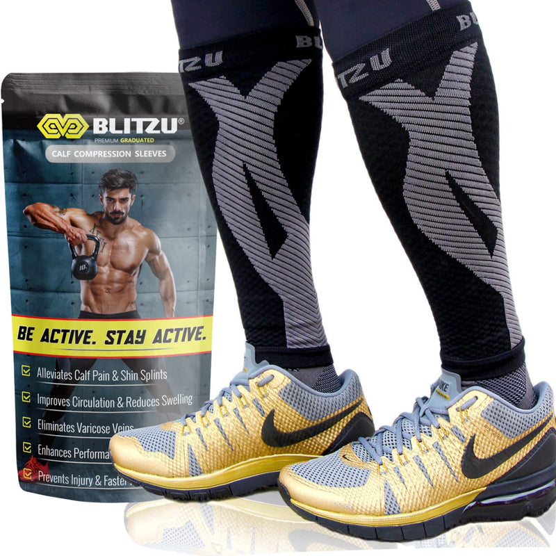 BLITZU Calf Compression Sleeve for Men & Women Footless Compression Socks Support Runners Leg Sleeve Shin Splints Pain Relief Black Large/X-Large