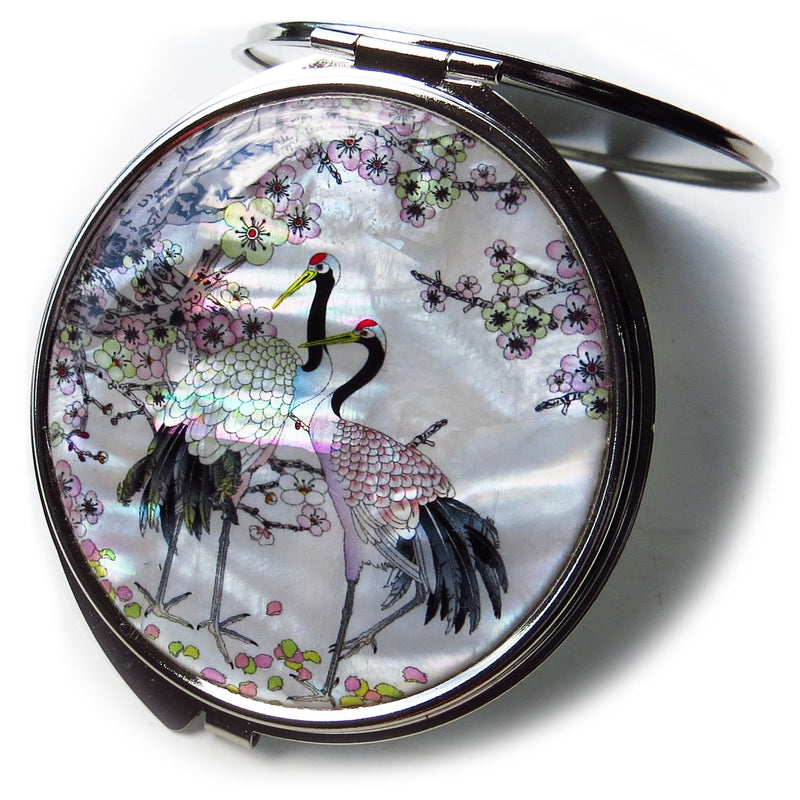 MADDesign Mother of Pearl Compact Mirror Round Double Sided Folding Magnify Crane Design