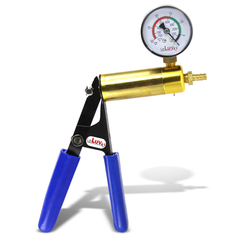 LeLuv Ultima Vacuum Pump Handle - Brass Chamber with Blue Padded Rubber Grips - Gauge Installed Brass + Black Metal