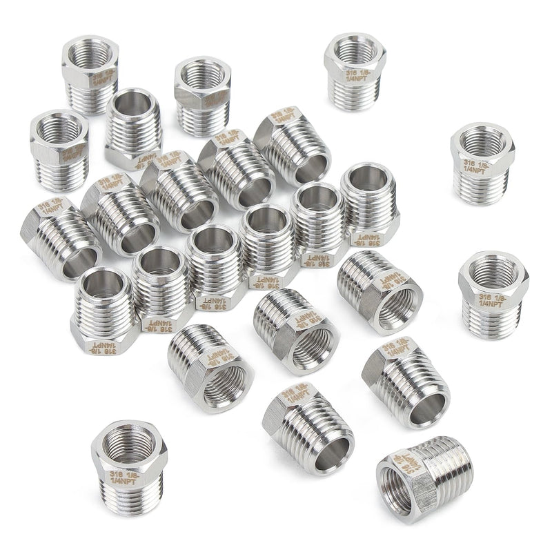 LTWFITTING Bar Production Stainless Steel 316 Pipe Hex Bushing Reducer Fittings 1/4" Male x 1/8" Female NPT Fuel Water Boat (Pack of 25)