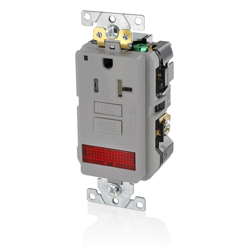 Leviton 20A-125V Extra-Heavy Duty Industrial Grade Pilot Light Tamper-Resistant Self-Test GFCI Receptacle, GFPL2-PLG, Gray