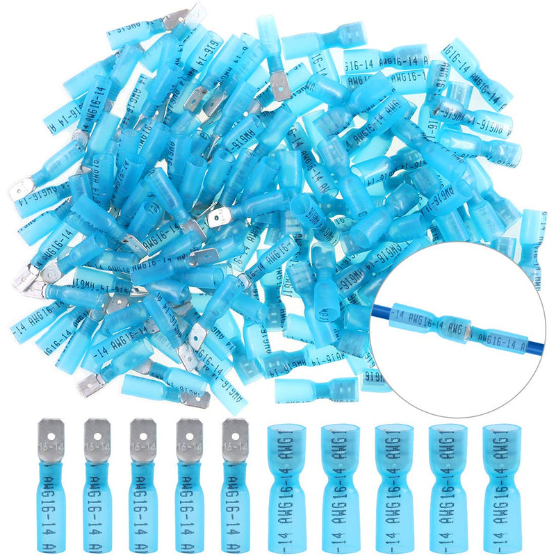 Hilitchi 100Pcs Nylon Heat Shrink Fully Insulated Female Male Spade Wire Electrical Crimp Terminal Quick Wiring Connector (50 Male 50 Female Connectors Blue / 16-14AWG)