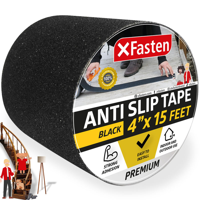 Anti Slip Grip Tape for Stairs, Black 4-Inches x 15-Foot Stair Grips Non Slip, Anti Skid Tape for Steps Outdoor Waterproof, Stair Tread Tape - XFasten