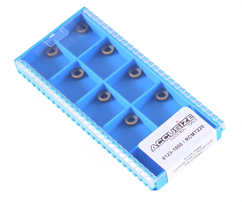 Accusize Industrial Tools Carbide Inserts, RCMT220 TiN Coated, 2523-1000 | RCMT220, ISO RCMT0602MO, C6 Grade, IC 0.2362 in, Thickness 3/32 in, Hole 0.110 in, 10 Pcs