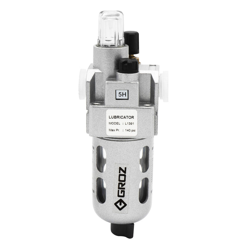 Groz Miniature Air Line Lubricator, 1/4" NPT, Fog/Micro-Mist Type, 48 CFM Max Flow, 145 PSI, Polycarbonate Bowl with Steel Guard, Die-Cast Aluminum Head, ISO 6301-1, 100% Factory Tested (60251)