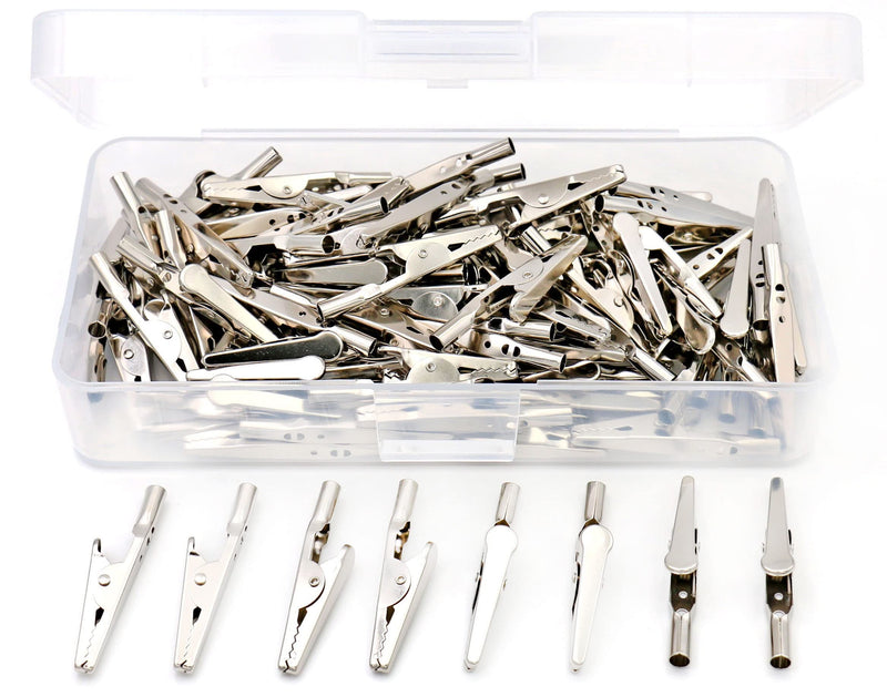 iexcell 100 Pcs 2 Inches / 51 mm Steel Alligator Clips Crocodile Clamps, Silver Tone Nickel Plated, Come in a Plastic Case Large ( 2.0" x 0.25" x 0.46" )