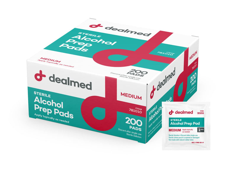 Dealmed Alcohol Prep Pads – 200 Count Medium Size Alcohol Pads, Latex-Free Alcohol Wipes, Gamma Sterilized Wound Care Products for a First Aid Kit and Medical Facilities 200 Count (Pack of 1)