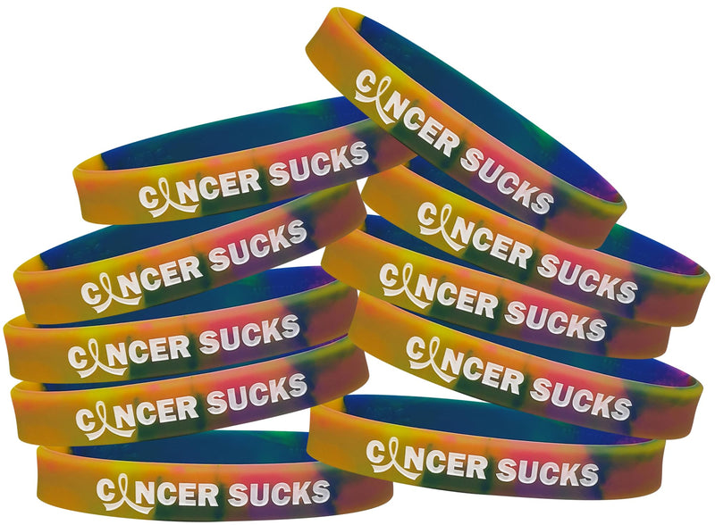 Cancer Sucks Silicone Wristbands for Awareness for All Cancers - Rainbow Tie-Dye (10 Pack) Rainbow Swirl