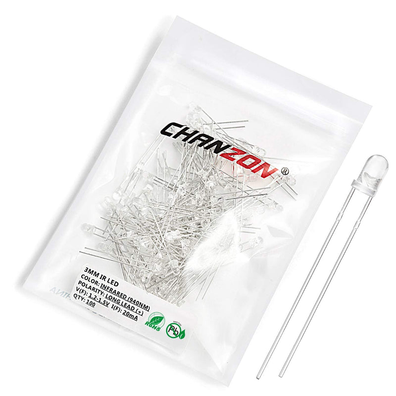CHANZON 100 pcs 3mm Infrared Ray IR 940nm Emitter LED Diode Lights (Clear Transparent Round Lens DC 1.2V-1.5V 20mA) Lighting Bulb Lamps Electronics Components Indicator Light Emitting Diodes F) 3mm 940nm Ir Emitter (100pcs)
