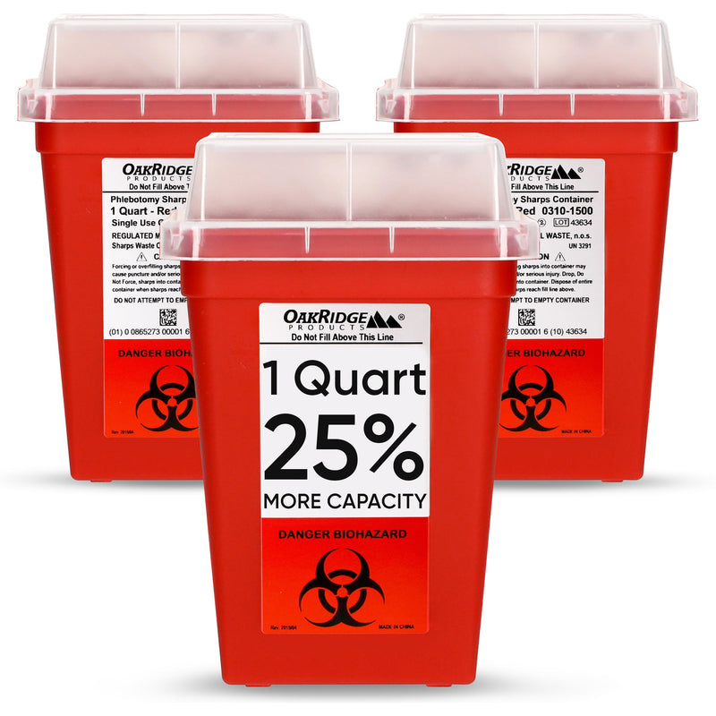 Oakridge Products Sharps Container for Home Use and Professional 1 Quart (3-Pack), Biohazard Needle and Syringe Disposal, Small Portable Container for Travel, CDC Certified 3