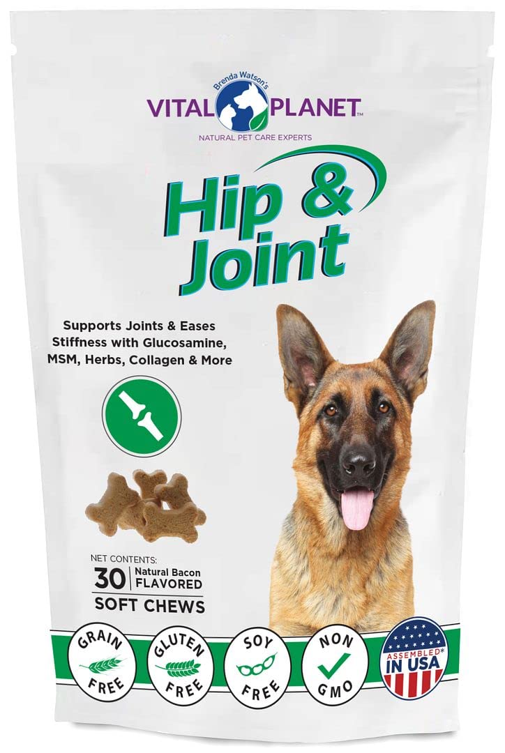 Vital Planet - Hip and Joint Soft Chews for Dogs, with Glucosamine, MSM, and Collagen from Green-Lipped Mussel - 30 Bacon Flavored Soft Chews - PawsPlanet Australia