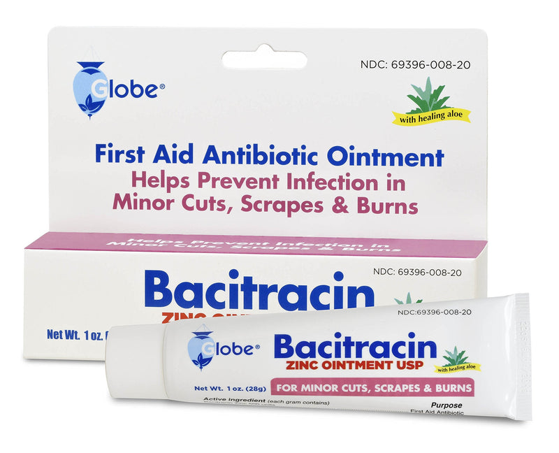 Globe Bacitracin Zinc 1 oz Tube, First Aid Antibiotic Ointment Helps to Prevent Infection in Minor cuts, scrapes and Burns 1 Ounce (Pack of 1)
