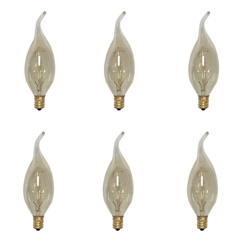Royal Designs Vintage Style Golden Smoke Flame Incandescent Light Bulbs, E12 Candelabra Brass Base, 130V, 25 Watts, Set of 6